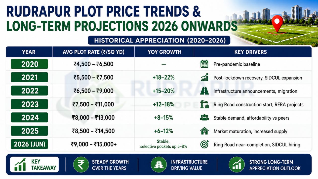 Infographic showing historical Rudrapur plot price trends, annual appreciation rates, and key real estate growth drivers from 2020 to 2026.