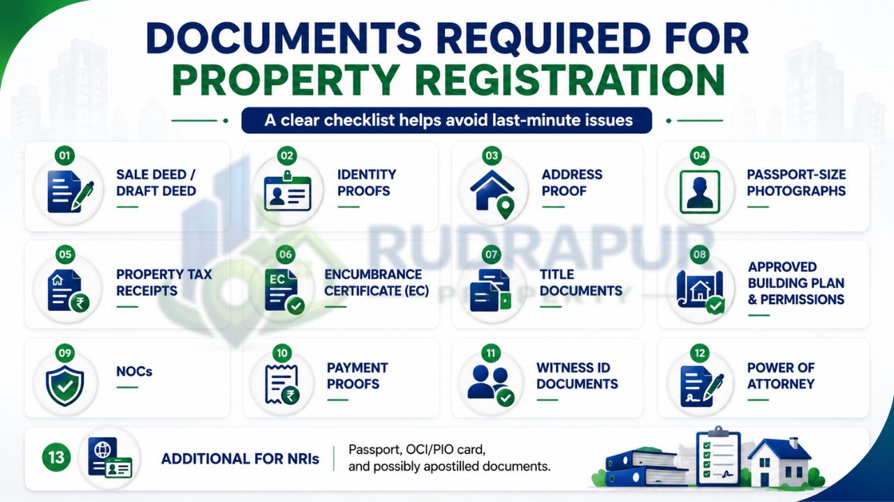 Property registration document checklist including sale deed, identity proof, address proof, tax receipts, encumbrance certificate, title documents, NOCs, and witness IDs.