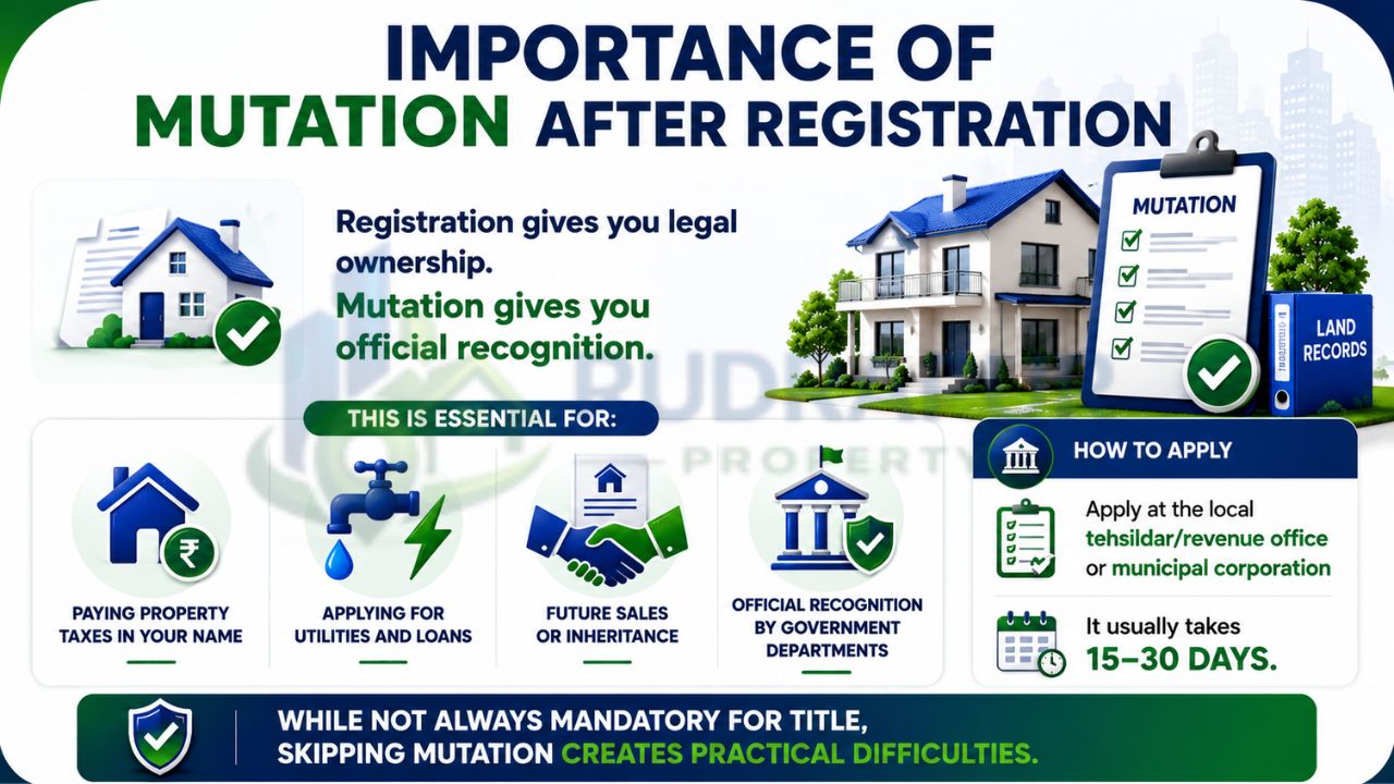 Infographic explaining the importance of property mutation after registration, including tax payments, utility connections, loans, inheritance, and government recognition.