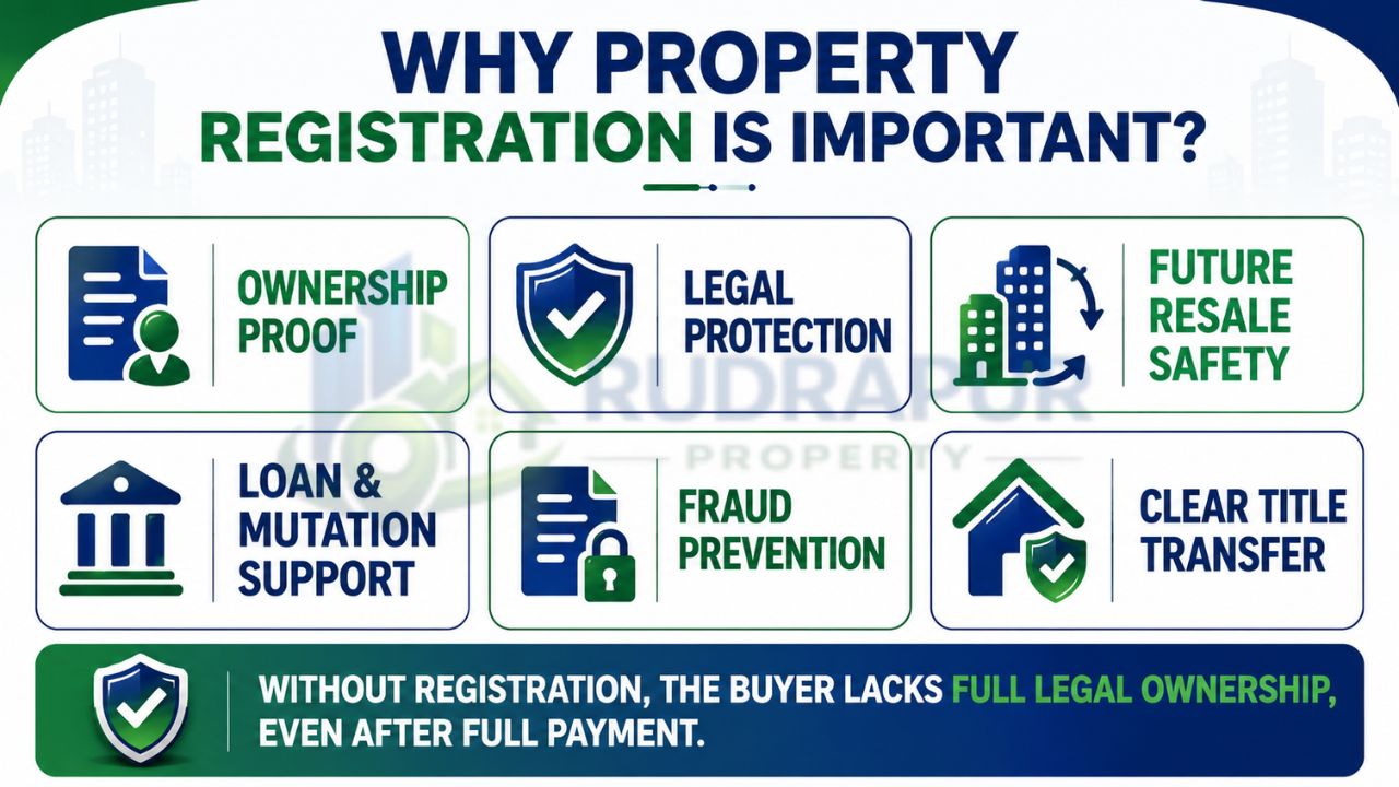 Infographic showing the benefits of property registration including ownership proof, legal protection, resale security, fraud prevention, loan support, and title transfer.