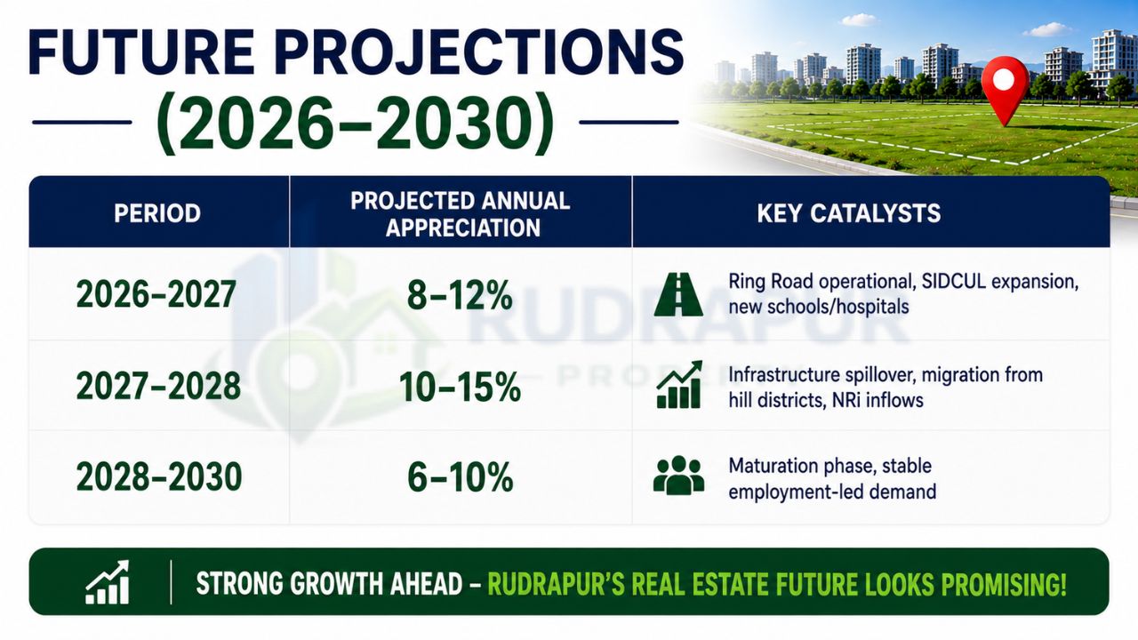 Infographic showing Rudrapur real estate appreciation projections from 2026 to 2030 with expected annual growth rates and market growth catalysts.