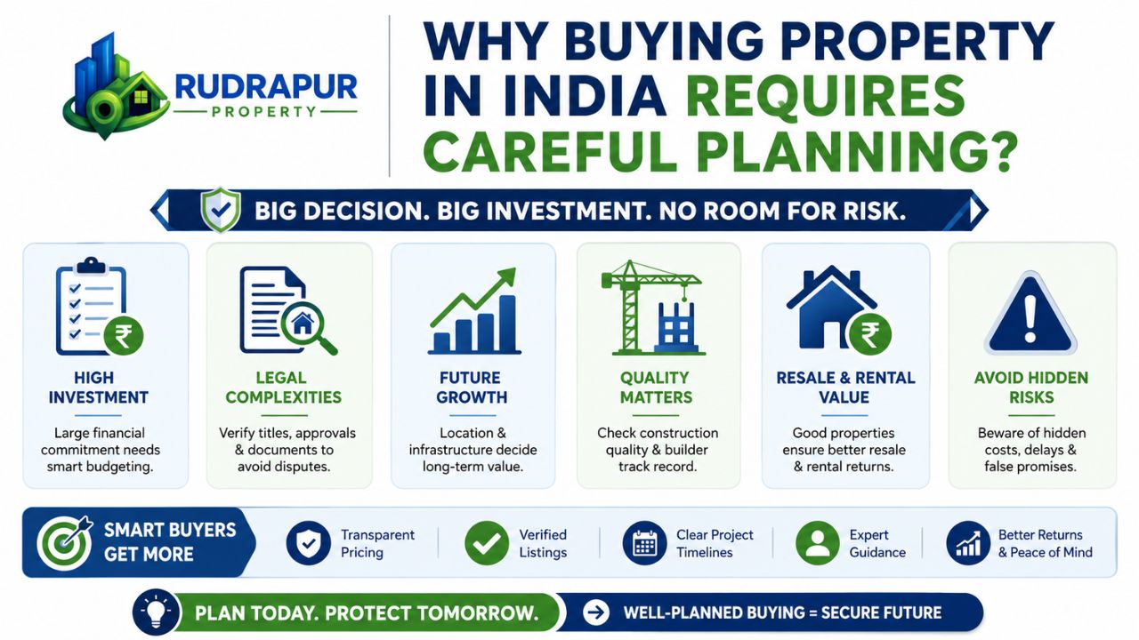 Property buying planning infographic highlighting legal checks, investment risks, future growth, construction quality, rental value, and financial planning.