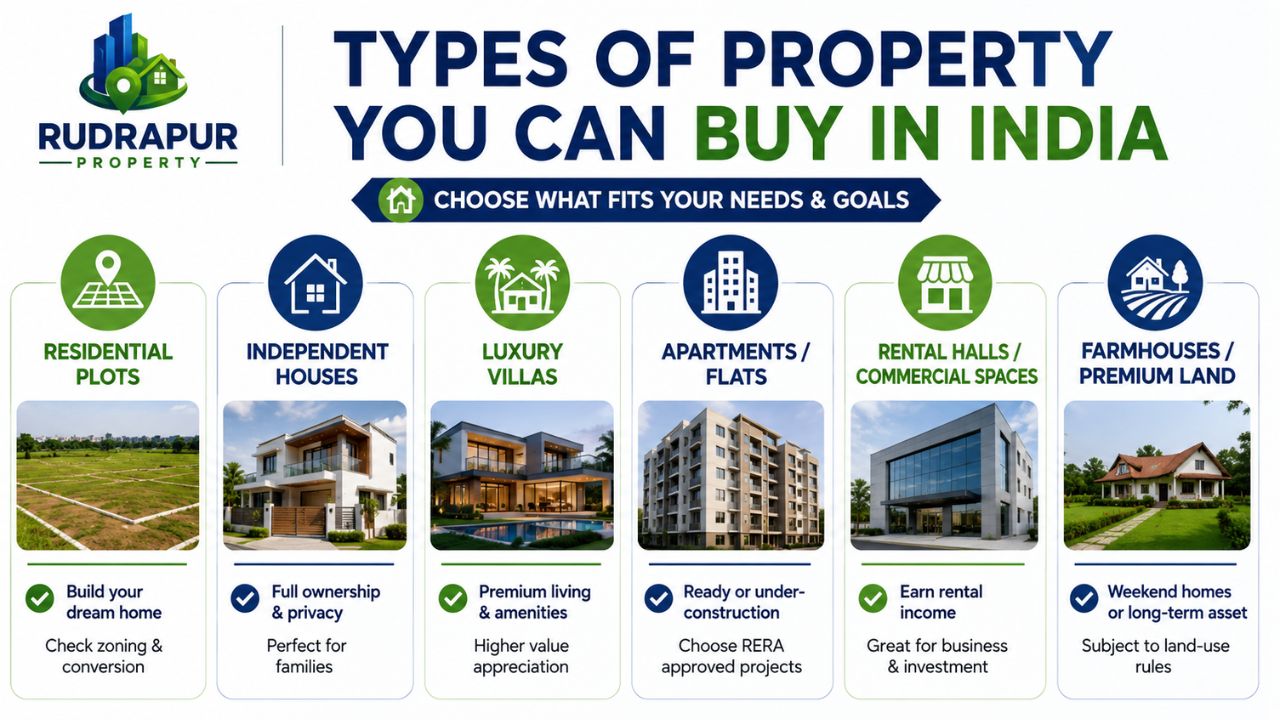 Property types in India including residential plots, independent houses, luxury villas, apartments, commercial spaces, and farmhouses.