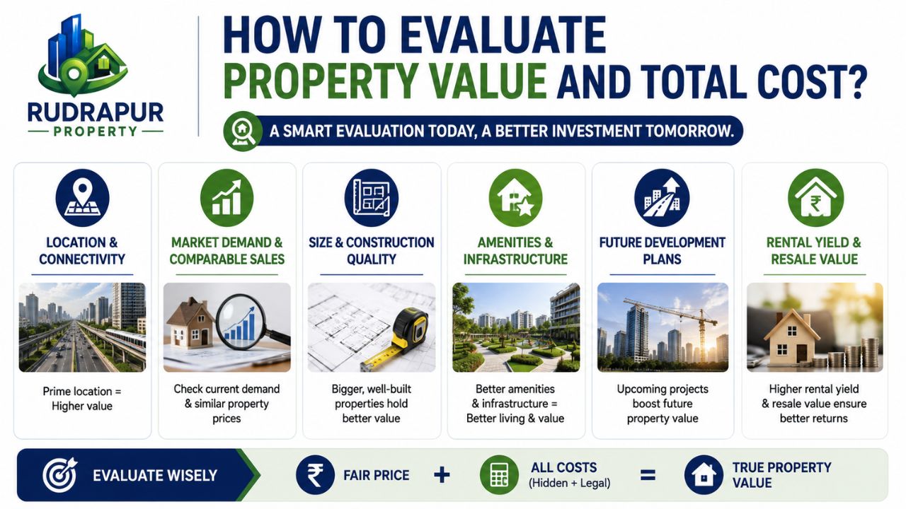 Property value evaluation infographic showing location, market demand, construction quality, amenities, future development, rental yield, and total ownership costs.