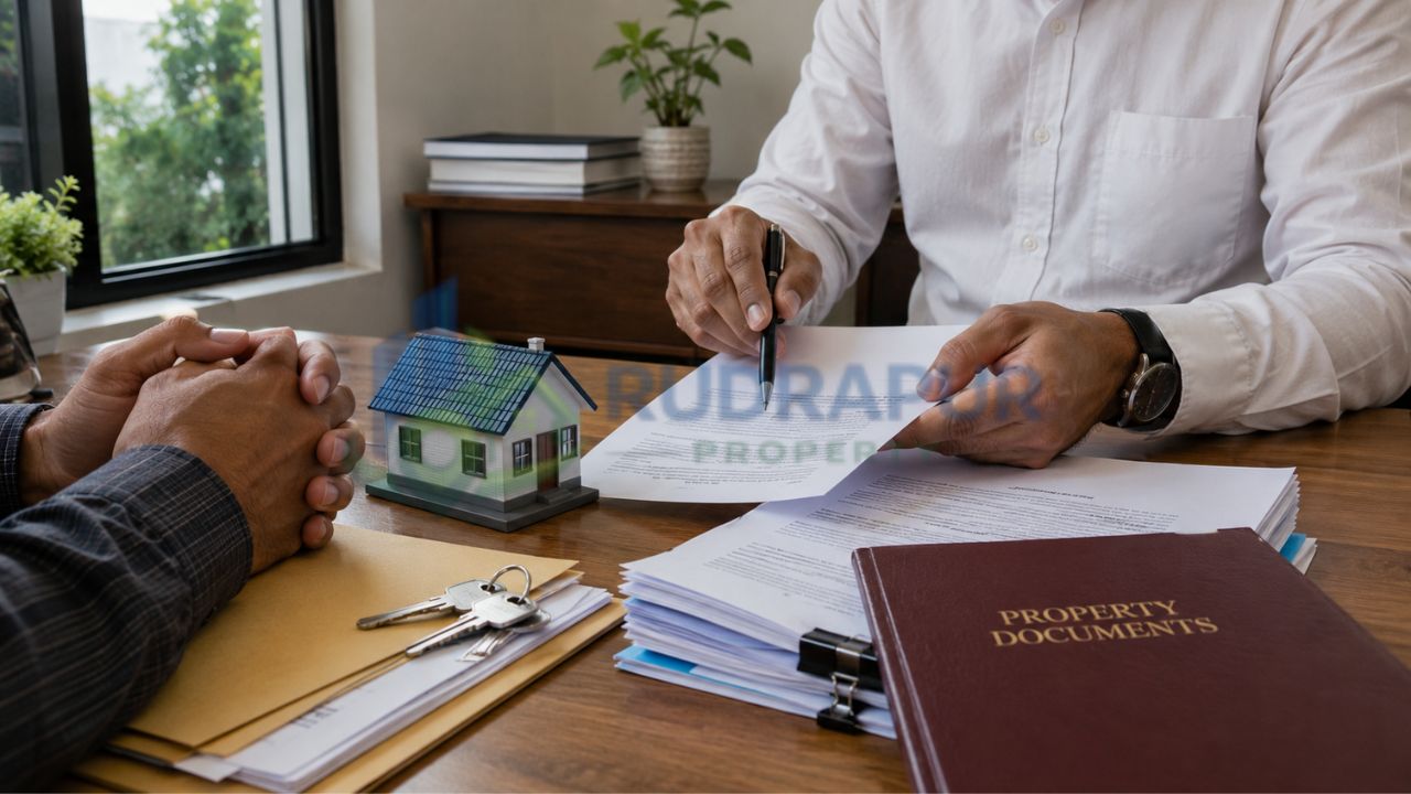 Real estate buyer reviewing property documents, ownership records, and legal paperwork before purchasing a home.