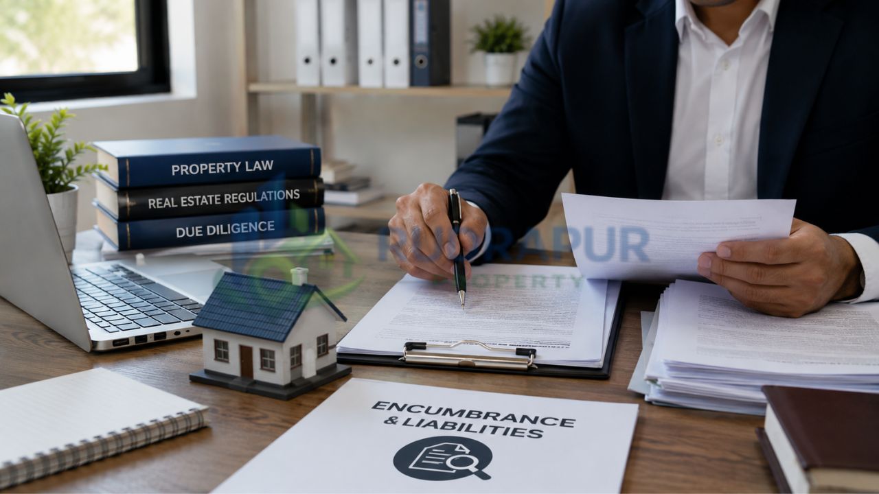 Real estate professional reviewing property records, encumbrance certificates, and legal documents to verify property liabilities and ownership status.