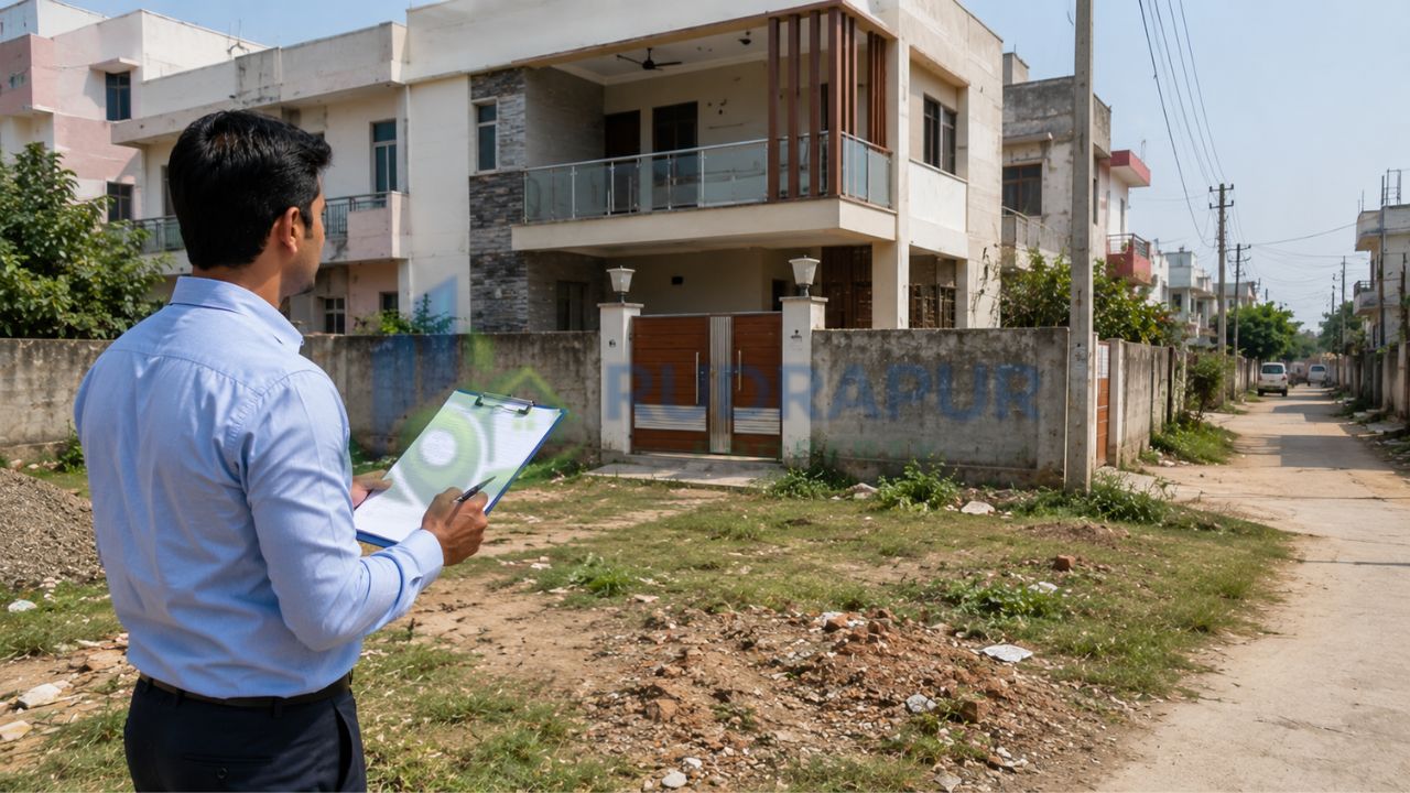 Property buyer conducting a physical site inspection of a residential house before purchase to verify boundaries, construction quality, and site conditions.