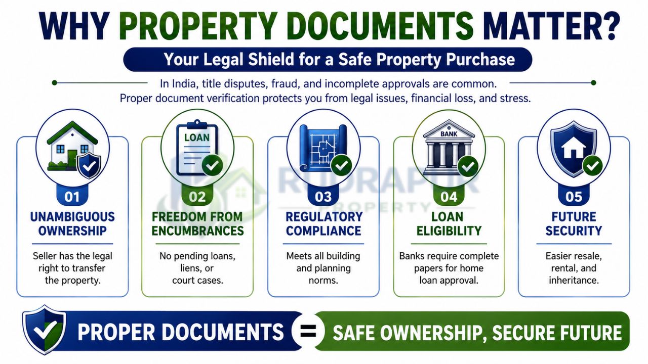 Infographic explaining the importance of property documents for ownership verification, loan eligibility, legal compliance, encumbrance checks, and future property security.