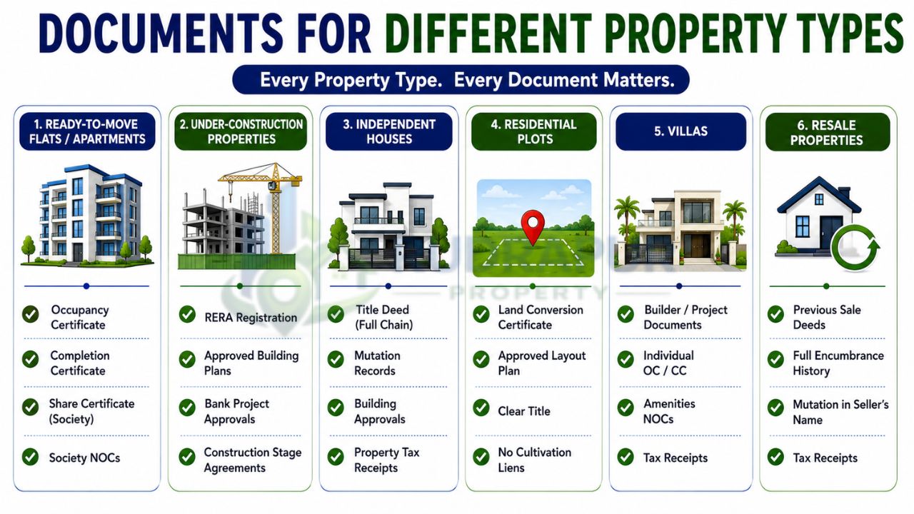 Property document checklist for apartments, under-construction projects, independent houses, residential plots, villas, and resale properties in India.