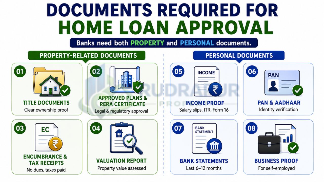 Checklist of property and personal documents required for home loan approval including title documents, RERA certificate, income proof, PAN card, Aadhaar card, and bank statements.