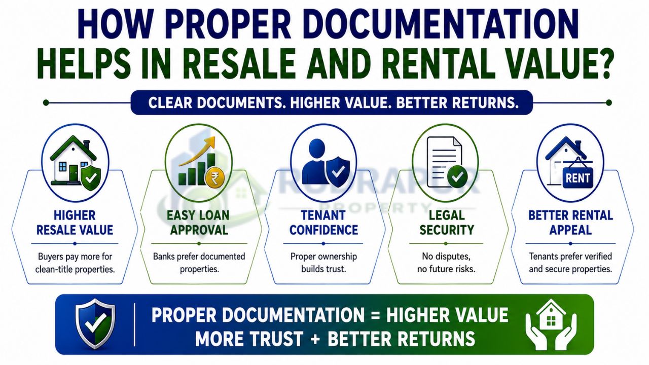 Infographic showing how proper property documentation increases resale value, improves loan approval chances, boosts tenant confidence, provides legal security, and enhances rental demand.