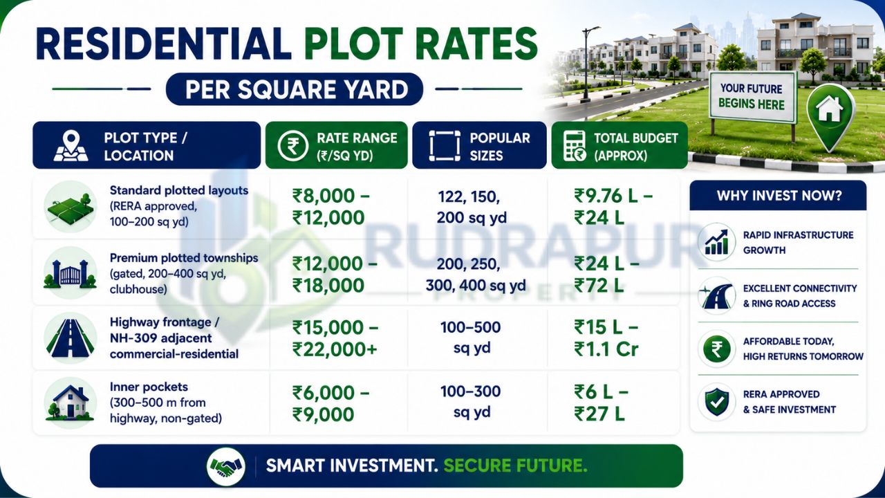 Residential plot price chart showing standard layouts, premium townships, highway-facing plots, and inner-pocket locations in Rudrapur.