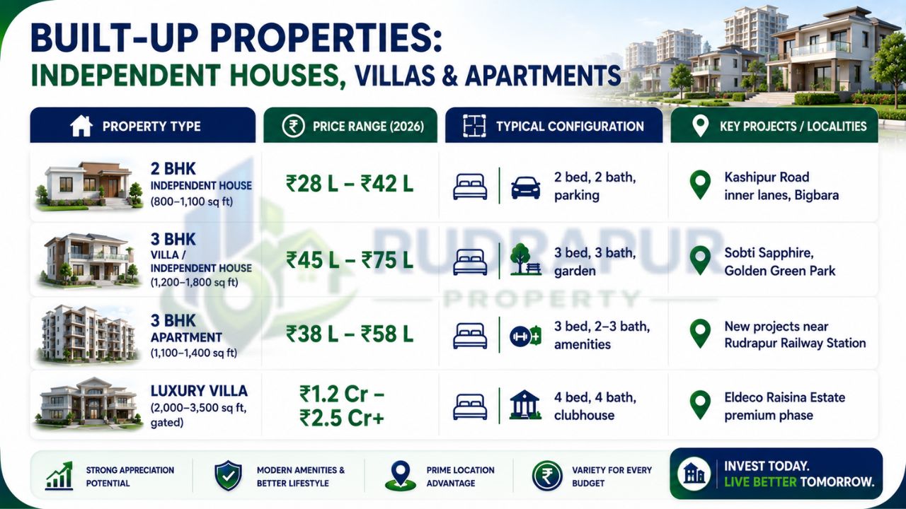 Price comparison of 2BHK houses, 3BHK villas, apartments, and luxury villas in Rudrapur with configurations and locality details.
