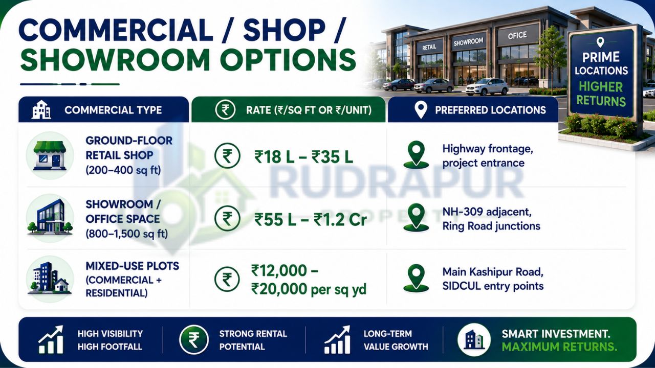 Commercial property options including retail shops, showrooms, office spaces, and mixed-use plots with pricing and preferred locations in Rudrapur.