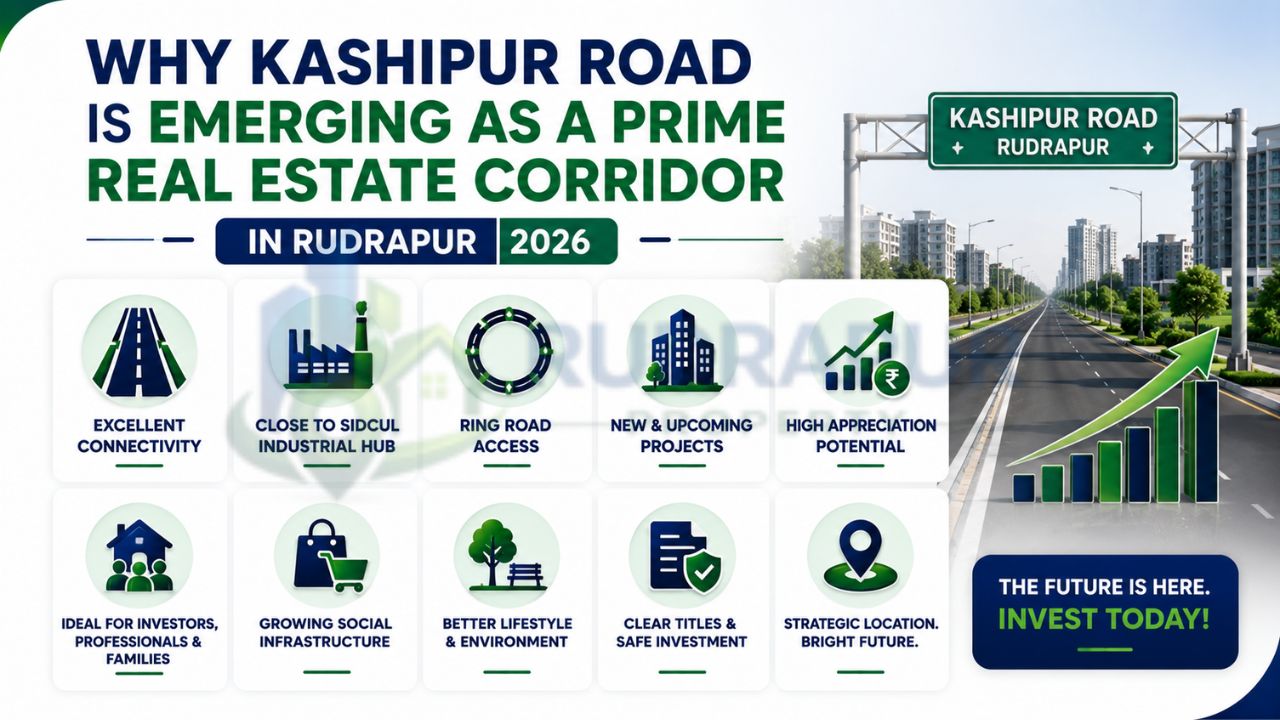 Comparison of Kashipur Road, Nainital Road, Kichha Road, Transit Camp, and outer emerging areas based on plot rates and investment advantages.