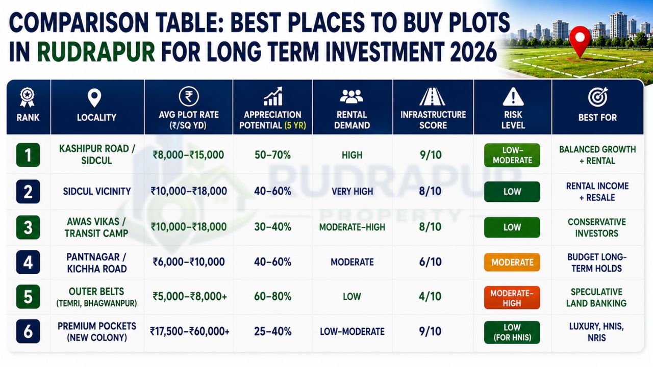 Comparison table ranking the best localities in Rudrapur for plot investment based on appreciation potential, rental demand, infrastructure, and risk.