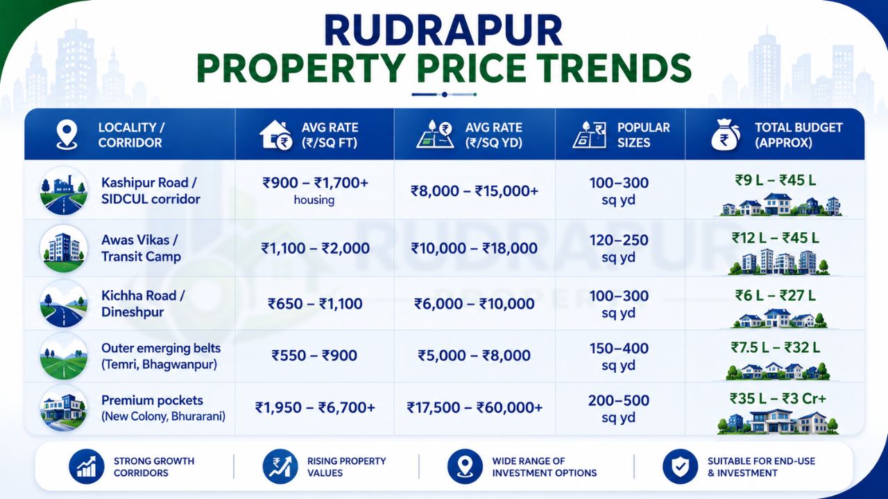 Rudrapur property price trends by locality showing average rates per square foot, plot sizes, and investment budgets across Kashipur Road, Awas Vikas, Kichha Road, emerging areas, and premium residential pockets
