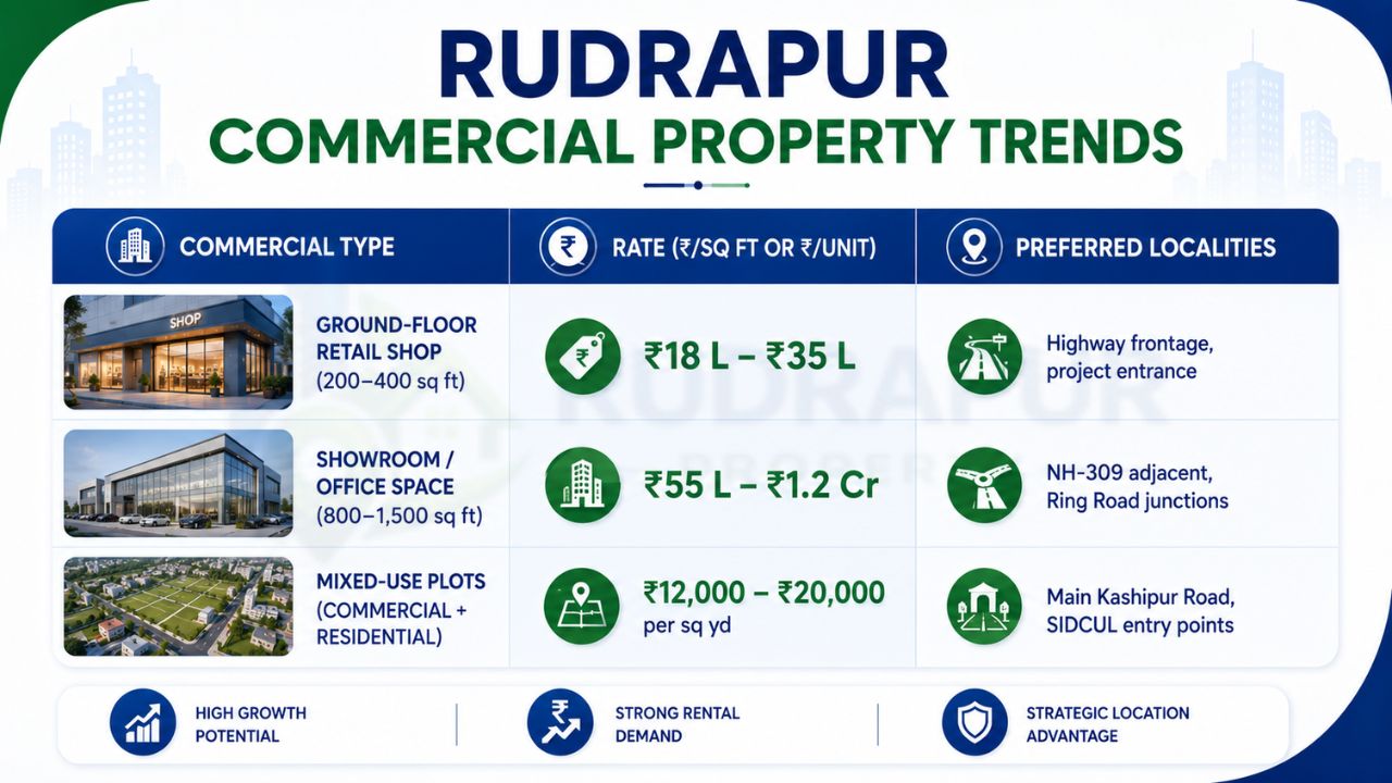 Rudrapur commercial property trends showing retail shops, office spaces, and mixed-use plots with investment costs, preferred locations, and commercial real estate growth potential