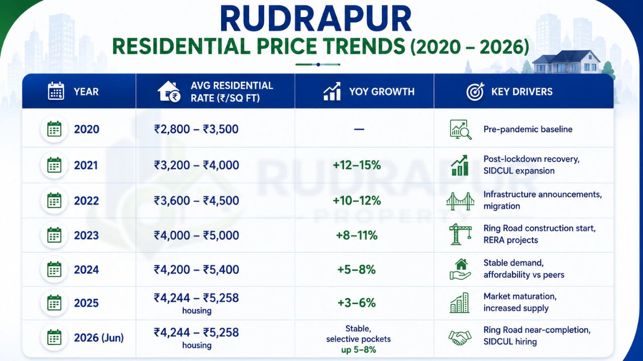 Rudrapur residential property price trends from 2020 to 2026 showing average rates per square foot, yearly growth percentages, and key factors driving housing market appreciation