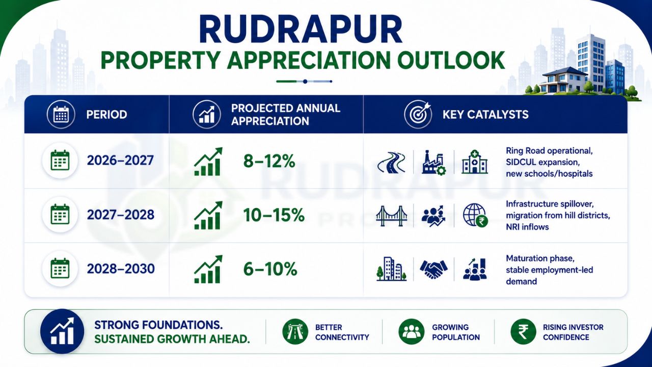 Rudrapur property appreciation outlook from 2026 to 2030 showing projected annual property value growth, infrastructure-driven demand, and future real estate investment potential