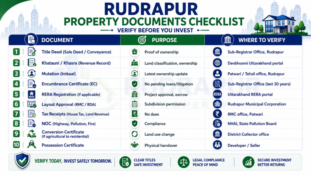 Rudrapur property documents checklist covering title deed, khatauni, mutation, encumbrance certificate, RERA registration, layout approval, tax receipts, NOCs, conversion certificate, and possession certificate verification before property purchase