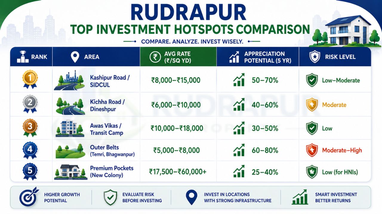 Rudrapur top investment hotspots comparison showing Kashipur Road, SIDCUL, Kichha Road, Awas Vikas, outer belt areas, and premium residential pockets with average land rates, appreciation potential, and investment risk levels