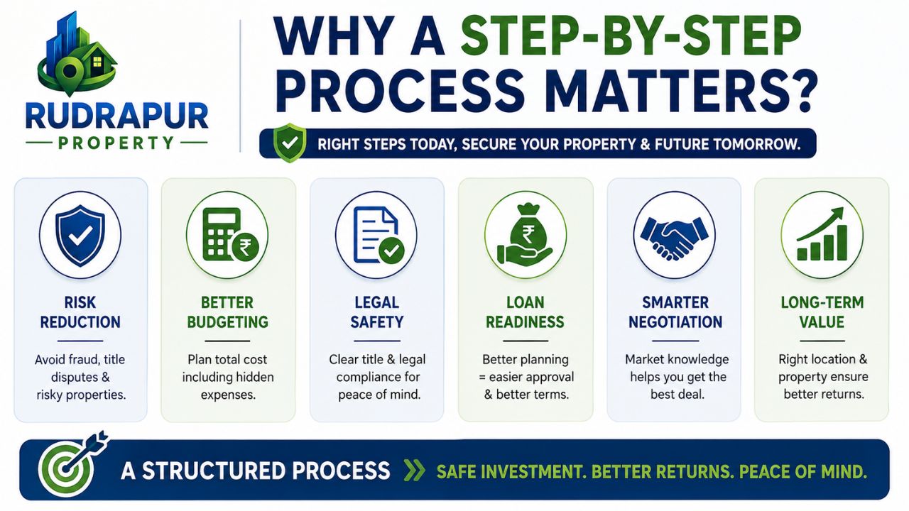Benefits of following a structured property buying process including risk reduction, budgeting, legal safety, loan readiness, negotiation, and long-term value.