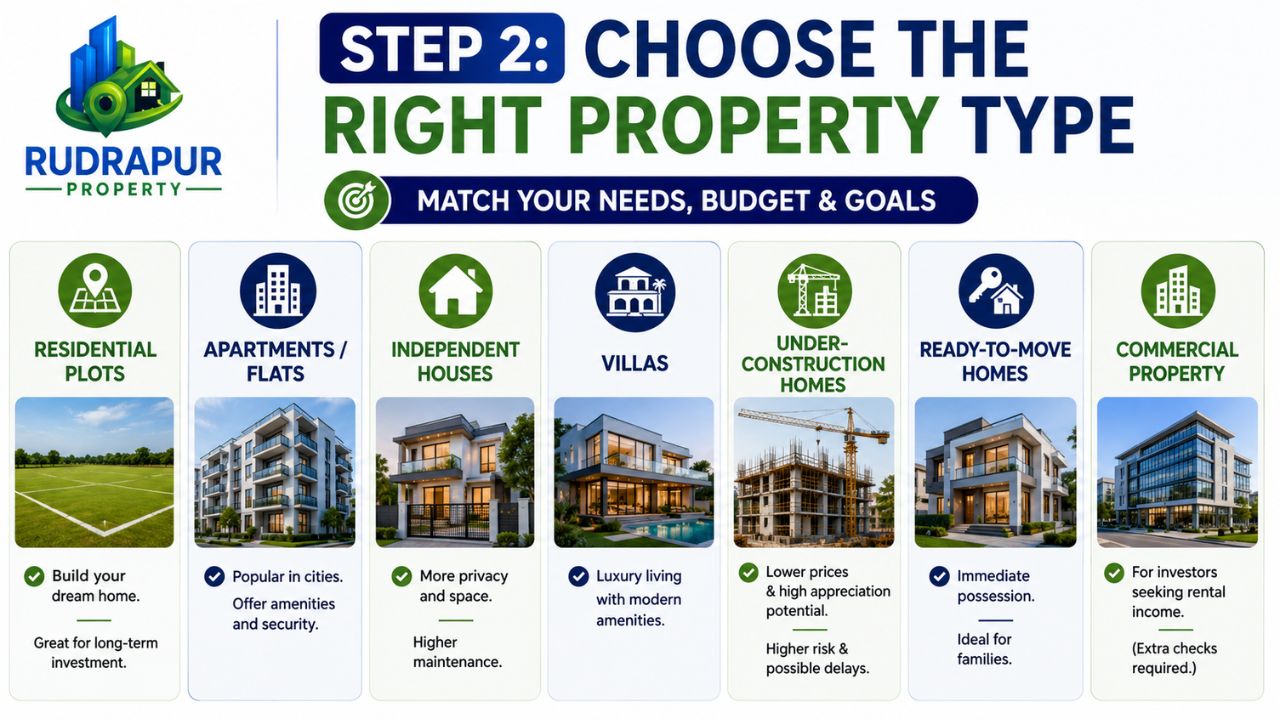 Property type comparison infographic featuring plots, apartments, houses, villas, under-construction projects, ready-to-move homes, and commercial properties.