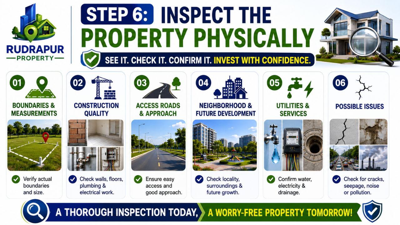 Property inspection checklist infographic showing boundary verification, construction quality, roads, neighborhood, utilities, and structural issues.
