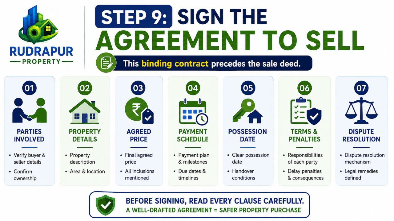 Agreement to sell infographic highlighting parties involved, property details, agreed price, payment schedule, possession date, terms, and dispute resolution.