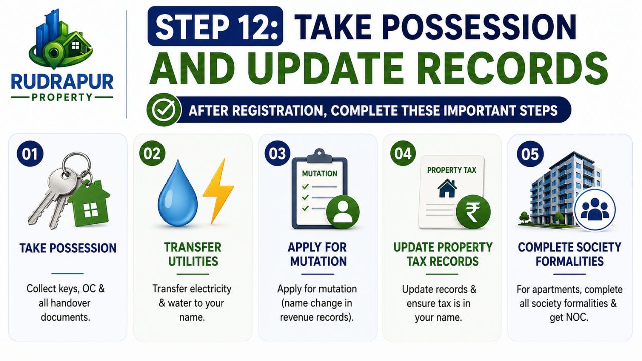Property possession infographic showing handover documents, utility transfer, mutation process, property tax updates, and society formalities after registration.