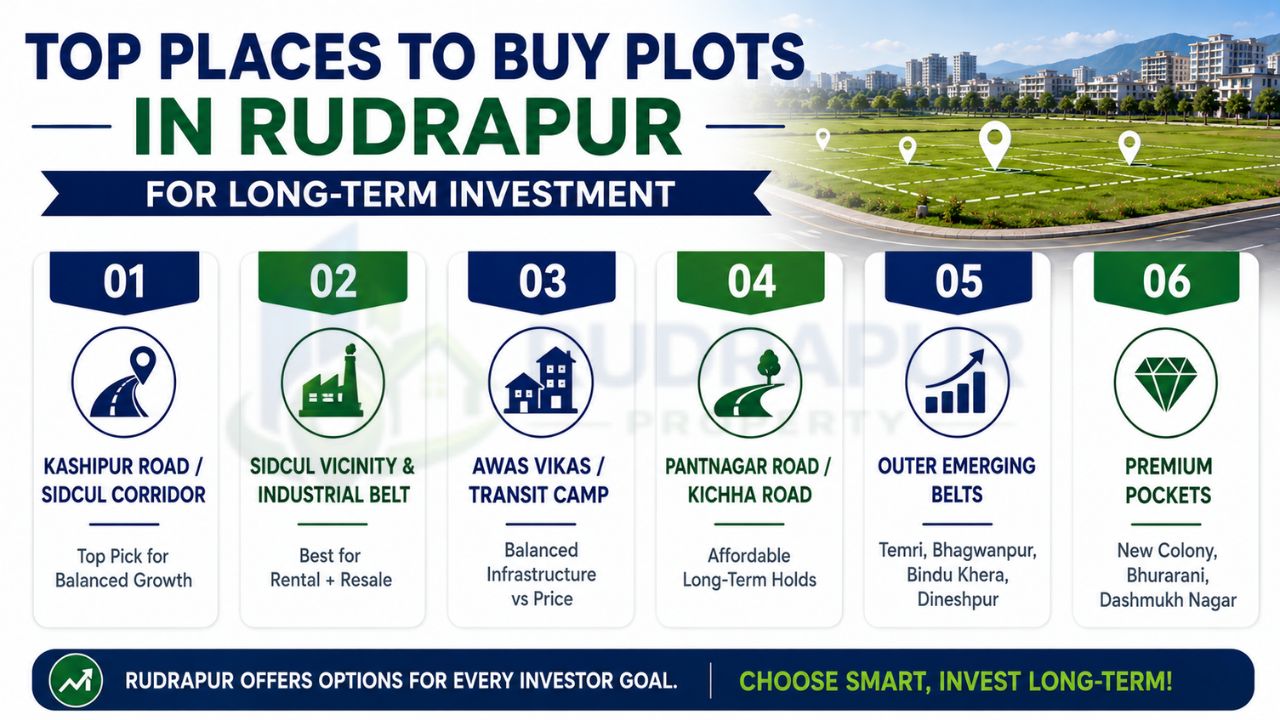 Infographic highlighting the top six locations in Rudrapur for long-term land investment, including SIDCUL, Awas Vikas, Pantnagar Road, and premium residential areas.
