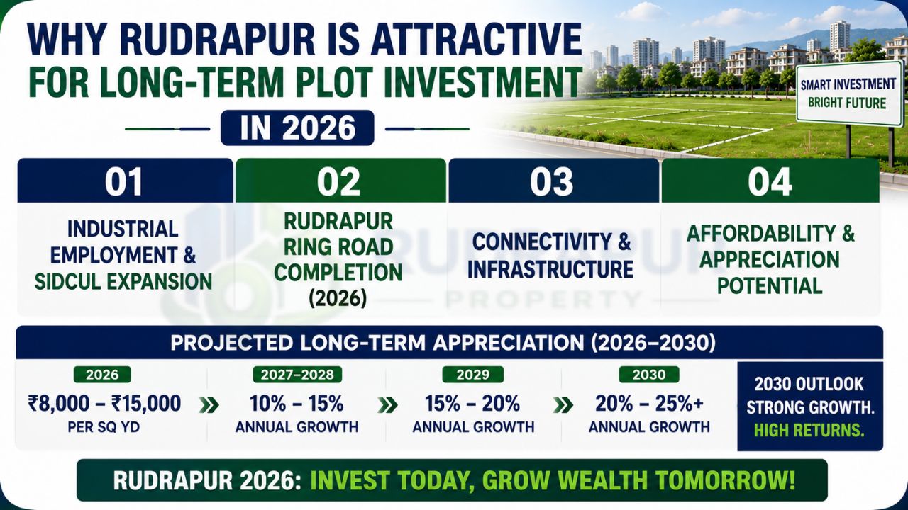 Infographic explaining why Rudrapur is an attractive real estate investment destination with infrastructure growth, SIDCUL expansion, and long-term appreciation forecasts.
