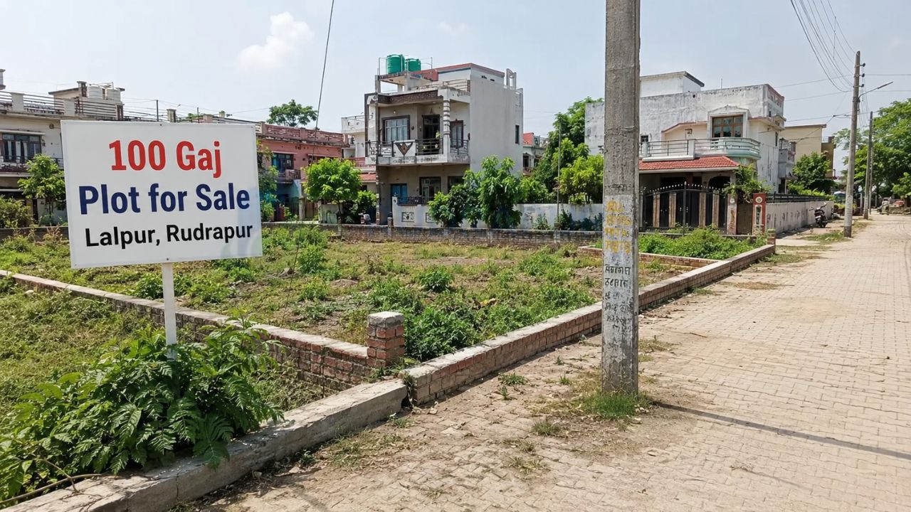 100 Gaj residential plot for sale in Lalpur, Rudrapur, featuring a developed colony, paved roads, nearby homes, and ready-to-build residential land.