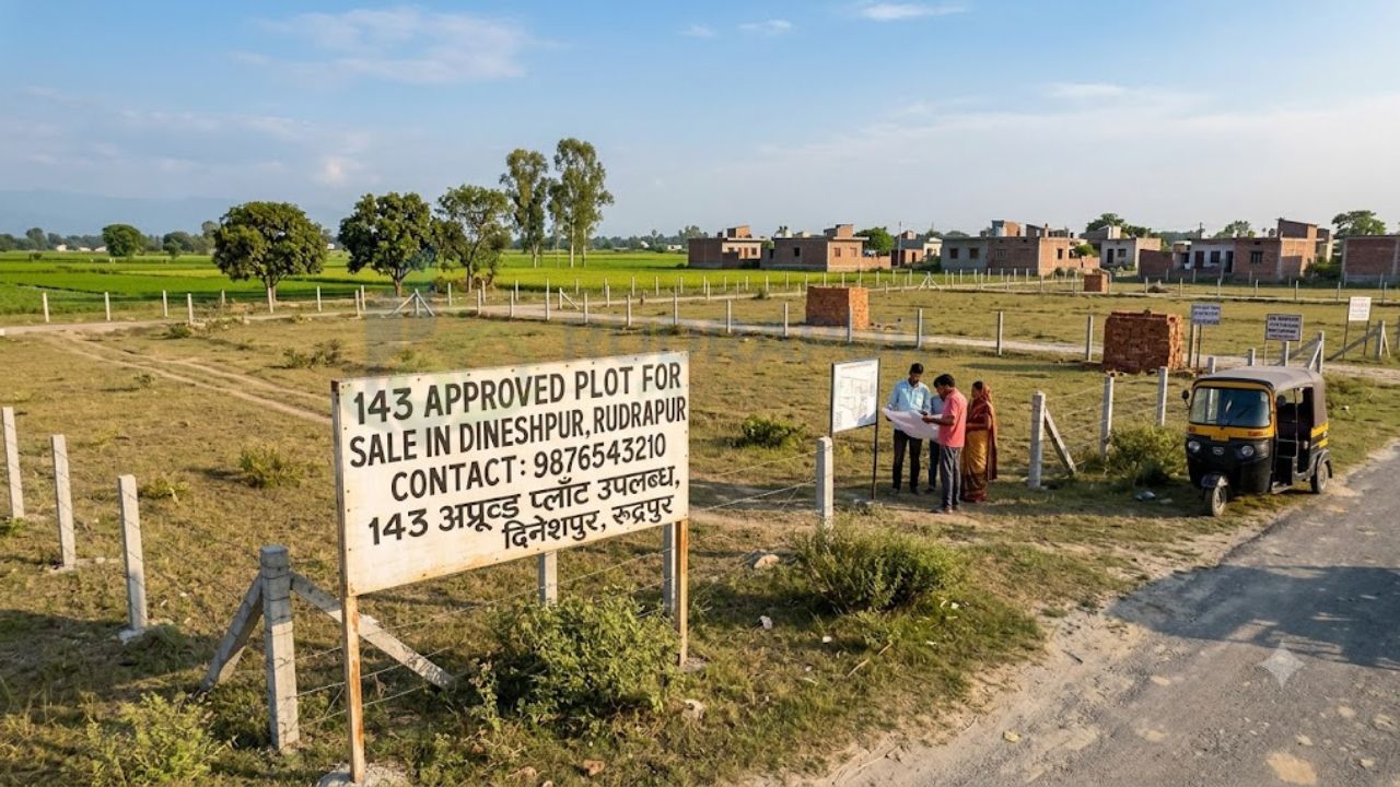 143 approved residential plots for sale in Dineshpur, Rudrapur with site boundary, roadside access, and buyers inspecting the plotted development.
