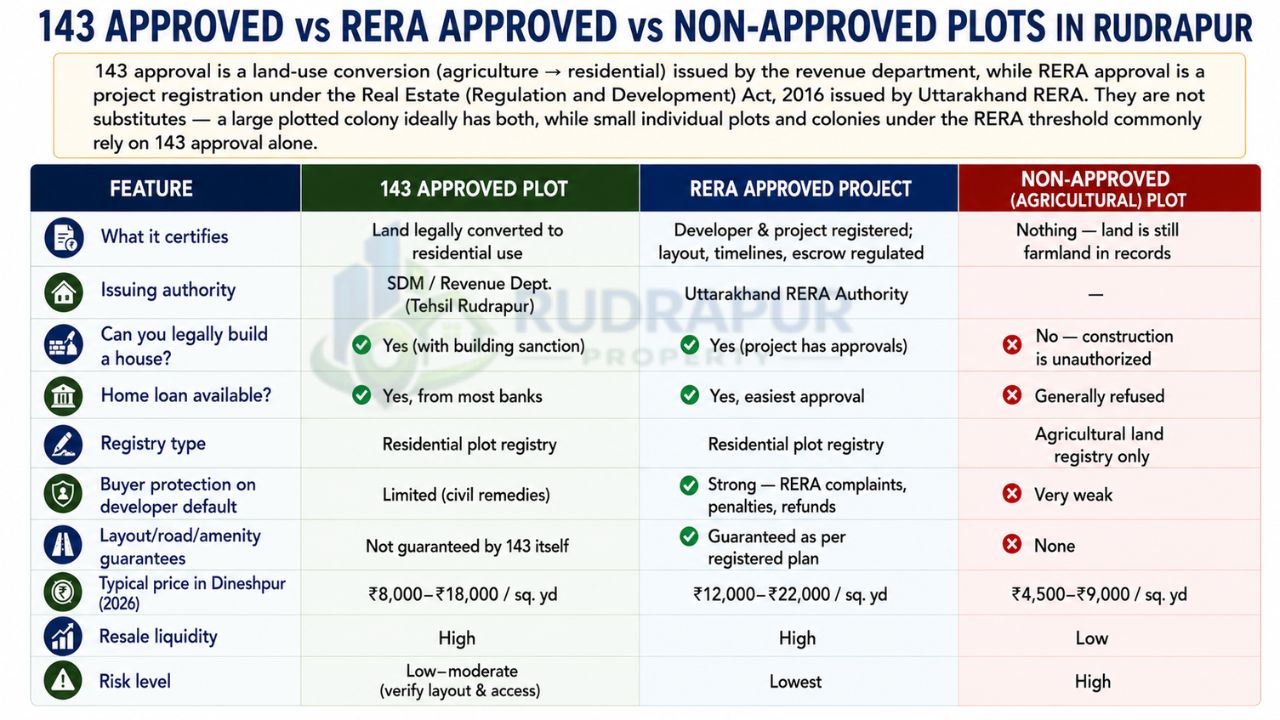 Comparison infographic explaining the differences between 143 approved plots, RERA approved projects, and non-approved agricultural plots in Rudrapur, including legality, home loan eligibility, buyer protection, and investment risk.
