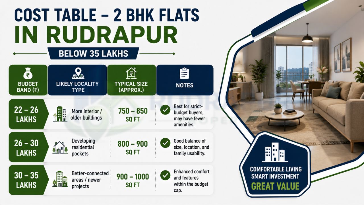 Infographic showing the price range, locality types, flat sizes, and buying insights for 2 BHK flats in Rudrapur below ₹35 lakhs.