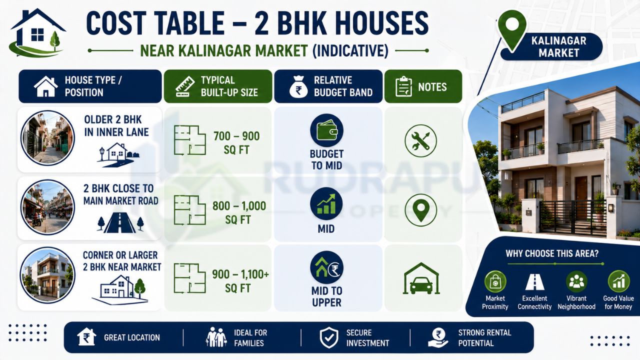 Infographic comparing 2 BHK house types near Kalinagar Market with built-up sizes, budget segments, and ideal buyer categories.