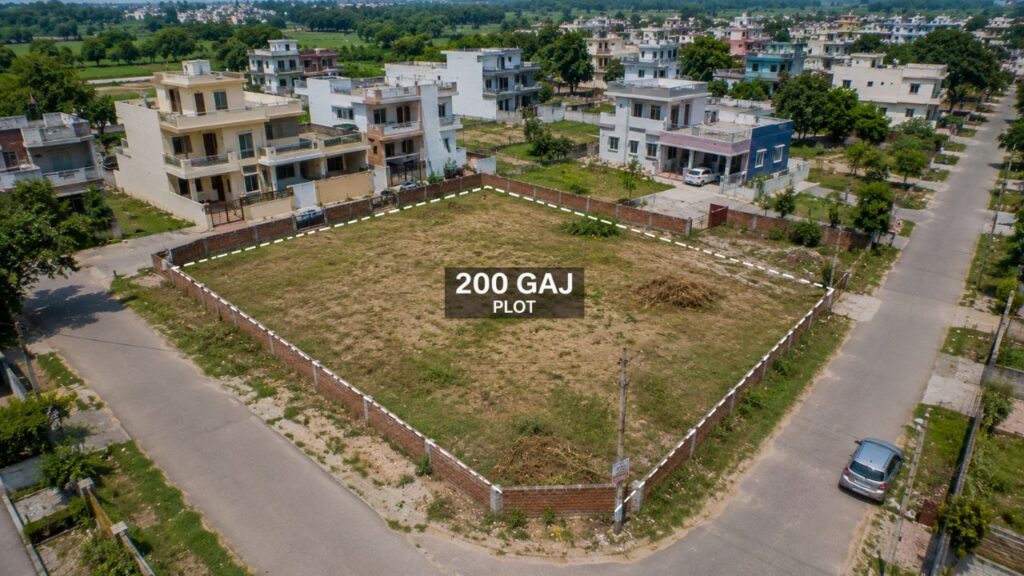 Aerial view of a 200 Gaj residential corner plot in Rudrapur surrounded by developed houses and internal roads.