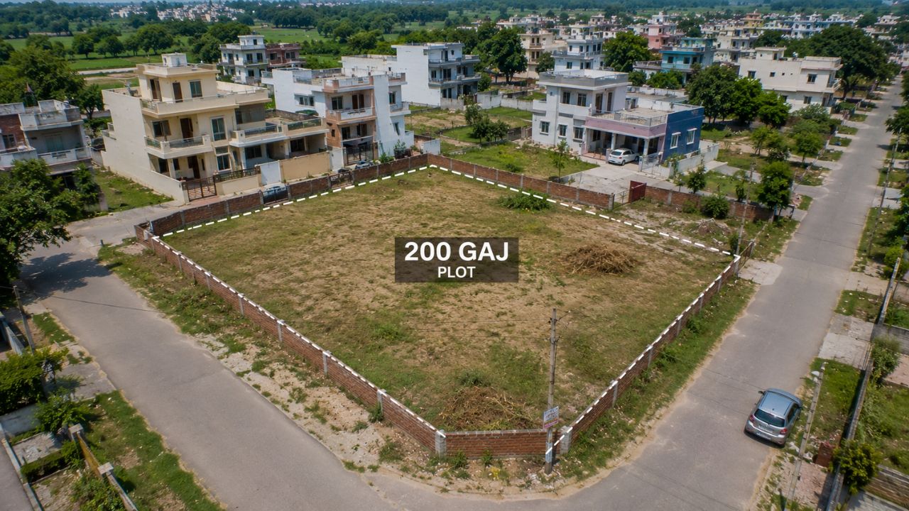 Aerial view of a 200 Gaj residential corner plot in Rudrapur surrounded by developed houses and internal roads.
