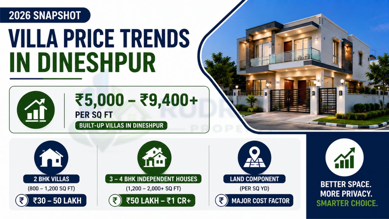 Infographic showing 2026 villa price trends in Dineshpur with price per square foot, 2 BHK and 3–4 BHK villa price ranges, land value, and investment insights.