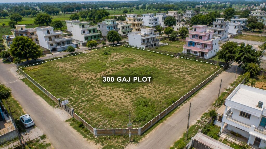 Aerial view of a 300 Gaj residential corner plot in Rudrapur surrounded by developed houses, internal roads, and green surroundings.