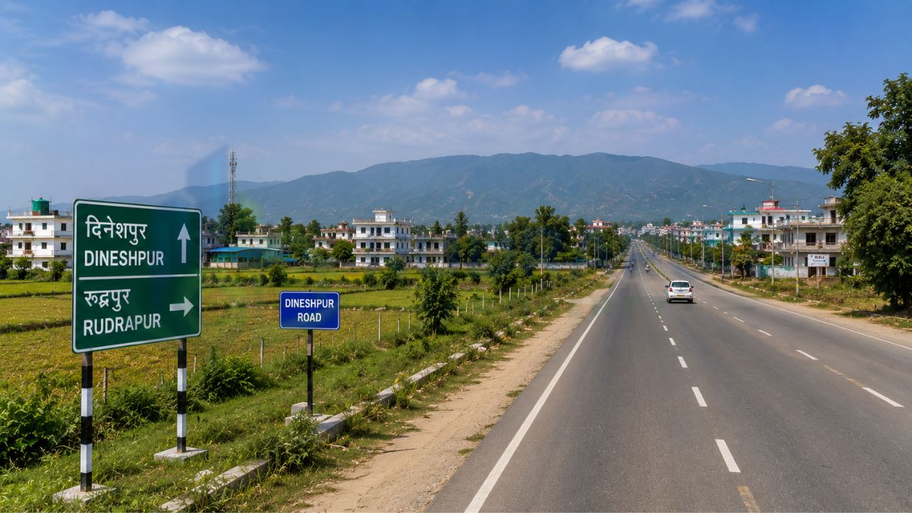 Affordable plots near Dineshpur Road Rudrapur showcasing excellent road connectivity, developing residential neighborhoods, and a prime location for home construction and real estate investment.