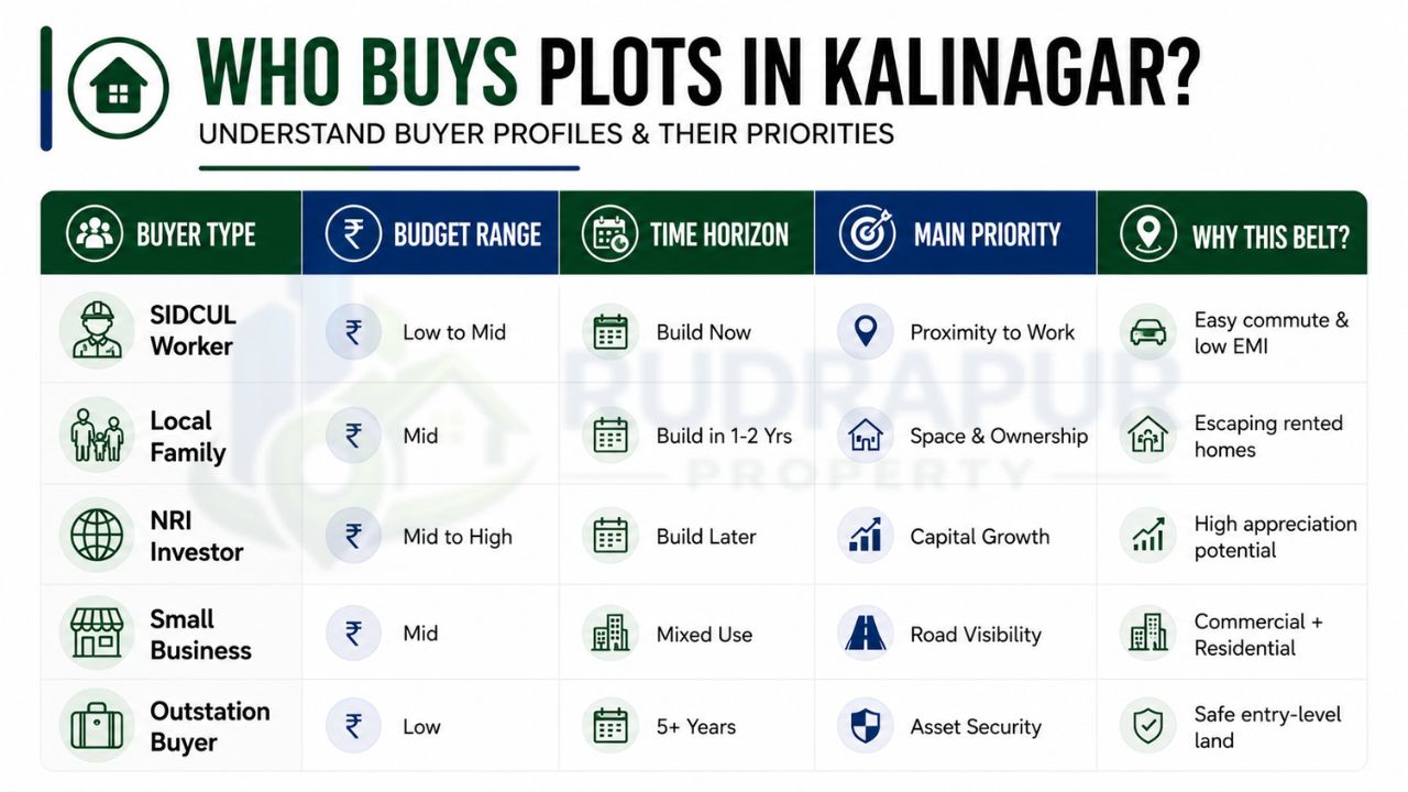 Buyer profiles for residential plots in Kalinagar Rudrapur showing budget ranges, investment timelines, and property preferences for homebuyers, NRIs, and investors.