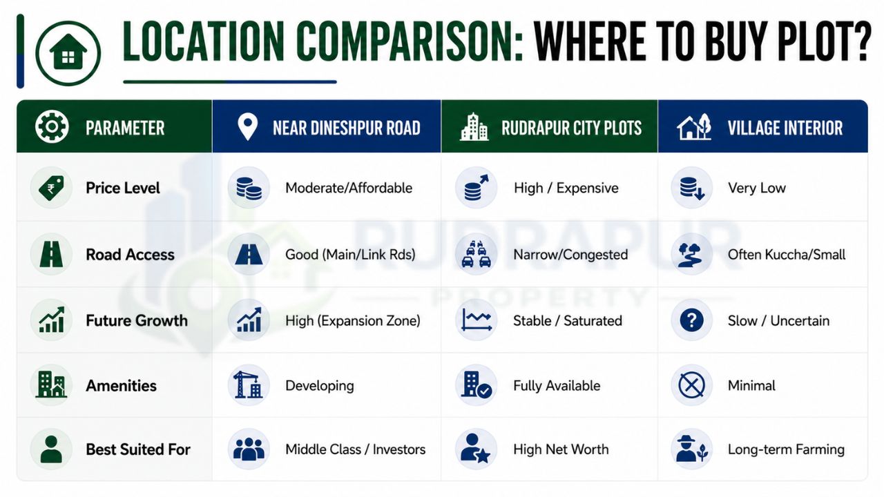 Location comparison for buying residential plots near Dineshpur Road Rudrapur comparing affordability, road access, future growth, amenities, and investment potential.