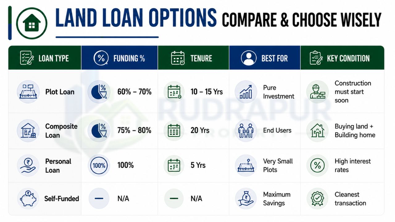 Land loan options for buying residential plots near Dineshpur Road Rudrapur comparing plot loans, composite loans, personal loans, and self-funded purchase options.