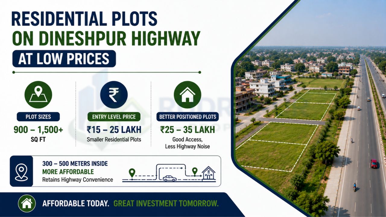 Infographic showing residential plot prices on Dineshpur Highway with plot sizes, entry-level pricing, premium plot options, and investment benefits near Rudrapur.