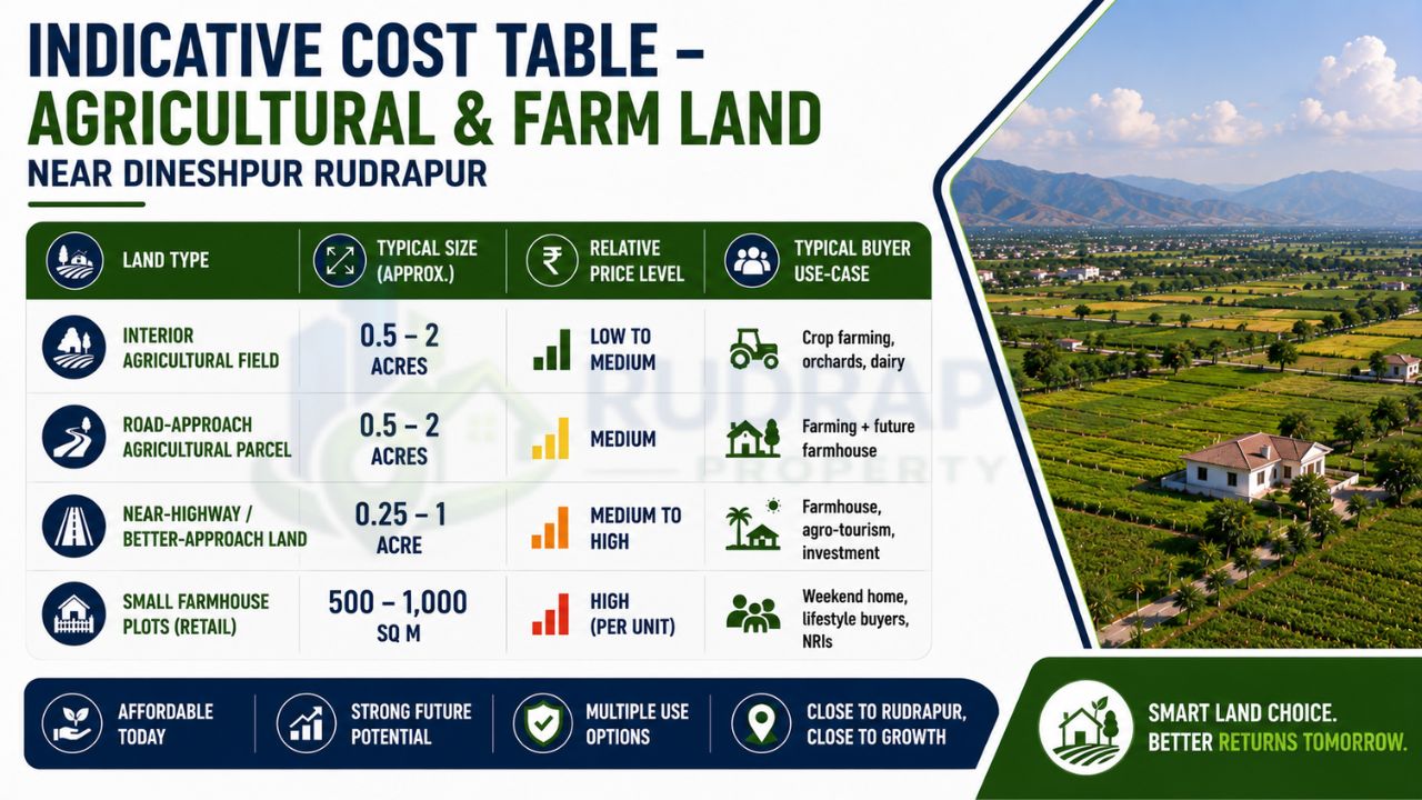 Infographic showing indicative prices for agricultural land near Dineshpur Rudrapur, including field sizes, road-access land, farmhouse plots, relative price levels, and buyer use cases.