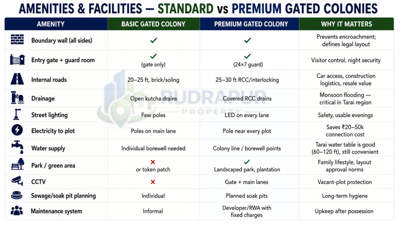 Infographic comparing amenities and facilities in standard and premium gated colonies in Rudrapur, including security, roads, drainage, street lighting, water supply, CCTV, parks, and maintenance systems.
