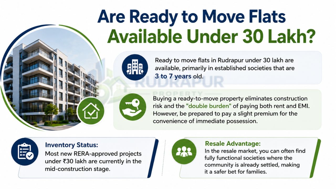 Infographic explaining the availability of ready-to-move flats in Rudrapur under ₹30 lakh, covering inventory status, resale advantages, and benefits of immediate possession.